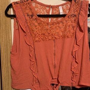 Coral, Lace Crop with Tie in the front.
